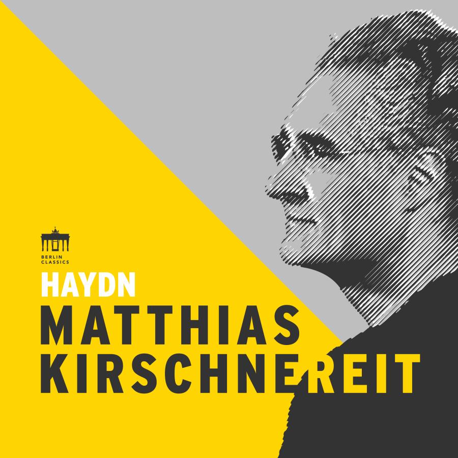 Release-Cover „Haydn: The Complete Piano Concertos“ von Pianist Matthias Kirschnereit. Grafisches Cover mit schwarz-grauem Profilporträt und großer gelber Dreiecksfläche; starke Typografie, klare Frontalgestaltung und kontrastreiche moderne Wirkung.