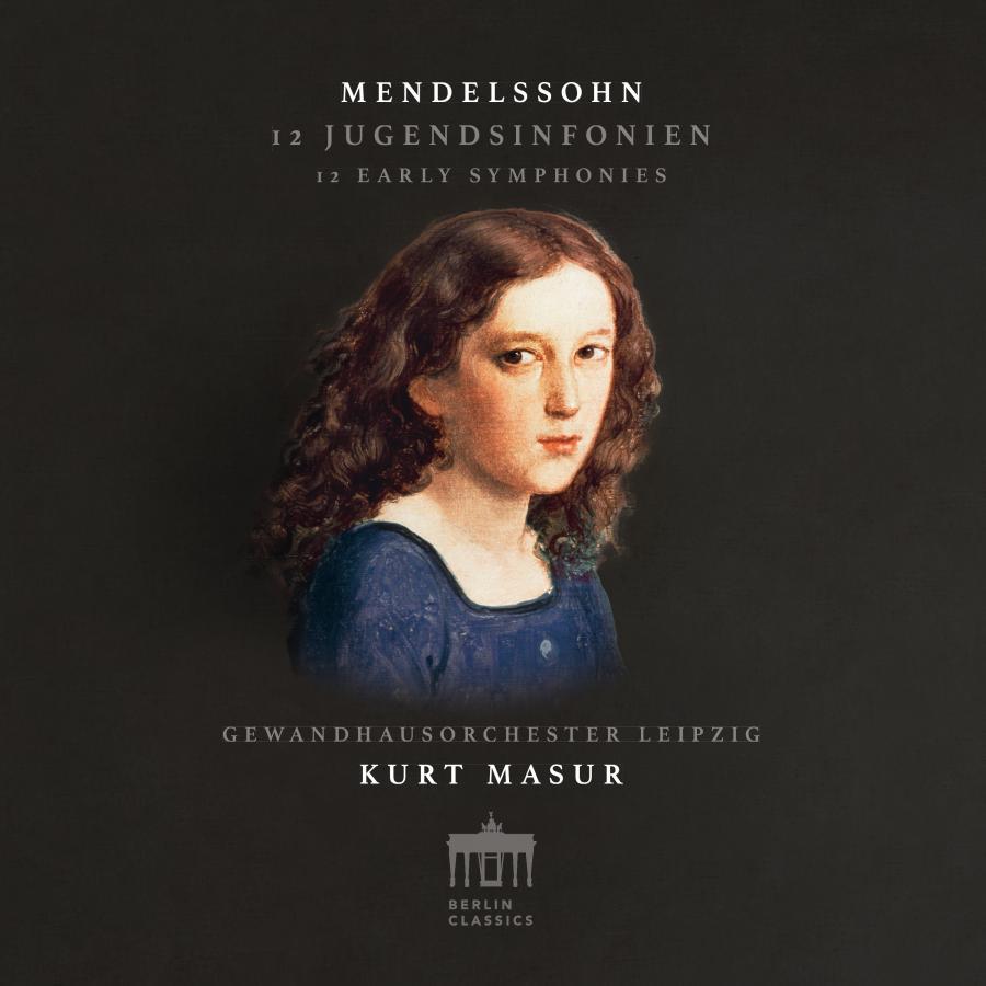 Release-Cover „Mendelssohn: Early Symphonies“ mit dem Gewandhausorchester Leipzig unter Kurt Masur. Dunkles grafisches Cover mit historischem Kinderporträt vor schwarzem Hintergrund; warme Blau- und Brauntöne, frontale Ansicht und klassische, ruhige Wirkung.