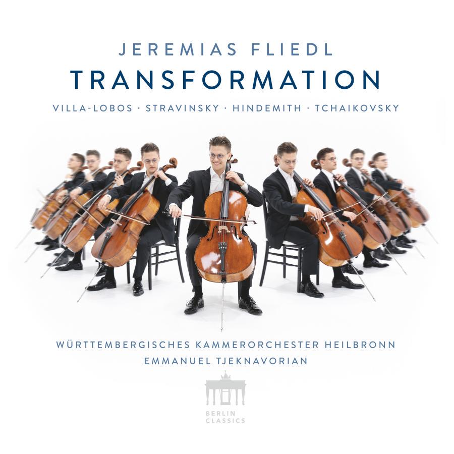 Release-Cover „Transformation“ von Cellist Jeremias Fliedl mit dem Württembergischen Kammerorchester Heilbronn unter Emmanuel Tjeknavorian. Mehrfach dargestelltes Bild des Cellisten in einer Reihe auf weißem Hintergrund; frontale Studioansicht und klare, moderne Komposition.