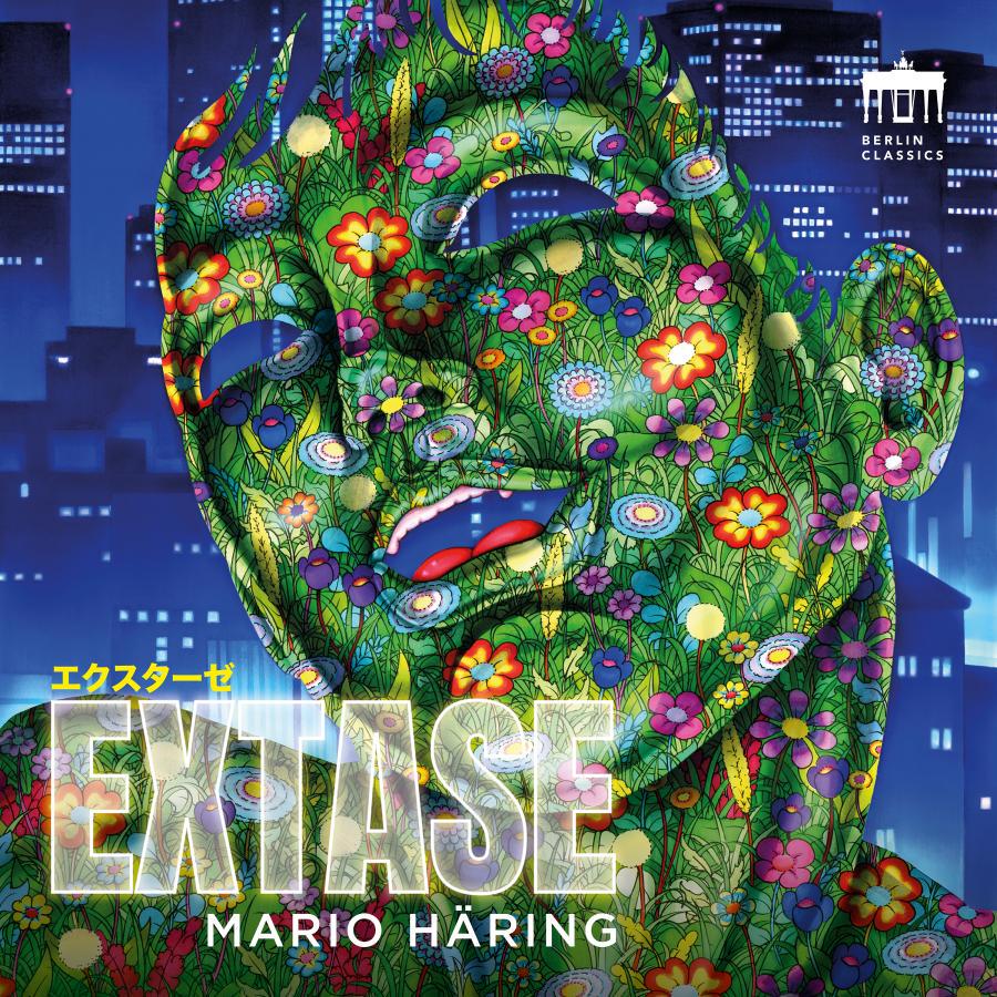 Release-Cover „Extase“ von Pianist Mario Häring. Bunte Illustration eines blumenbedeckten Kopfes vor nächtlicher Stadtkulisse, mit großer transparenter Typografie; leuchtende Grün-, Pink- und Blautöne, grafische Frontalansicht und expressive Pop-Art-Wirkung.