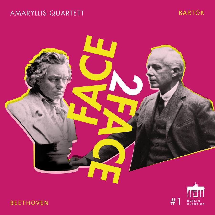 Release-Cover „Face2Face“ des Amaryllis Quartetts mit Beethoven und Bartók. Grafische Collage mit Beethoven-Büste und Porträt von Bartók auf pinkem Hintergrund, gelber Typografie und weißen Akzenten; plakative, kontrastreiche Frontalansicht.