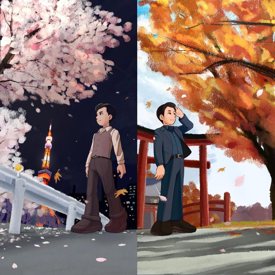Release-Cover „Home“ von Pianist Benyamin Nuss und Fumito Nunoya. Zweigeteilte Illustration mit einer Figur in zwei Jahreszeiten-Szenen: links Kirschblüten und Stadtkulisse, rechts Herbstlaub und rotes Tor; helle, warme Farben und erzählerische grafische Komposition.
