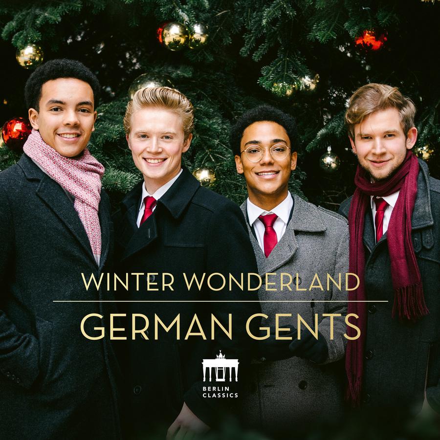 Release-Cover „Winter Wonderland“ vom a capella Quartett German Gents. Vier Sänger vor geschmücktem Weihnachtsbaum; grüne, rote und goldene Farben, frontale Gruppenaufnahme und warme festliche Lichtstimmung.
