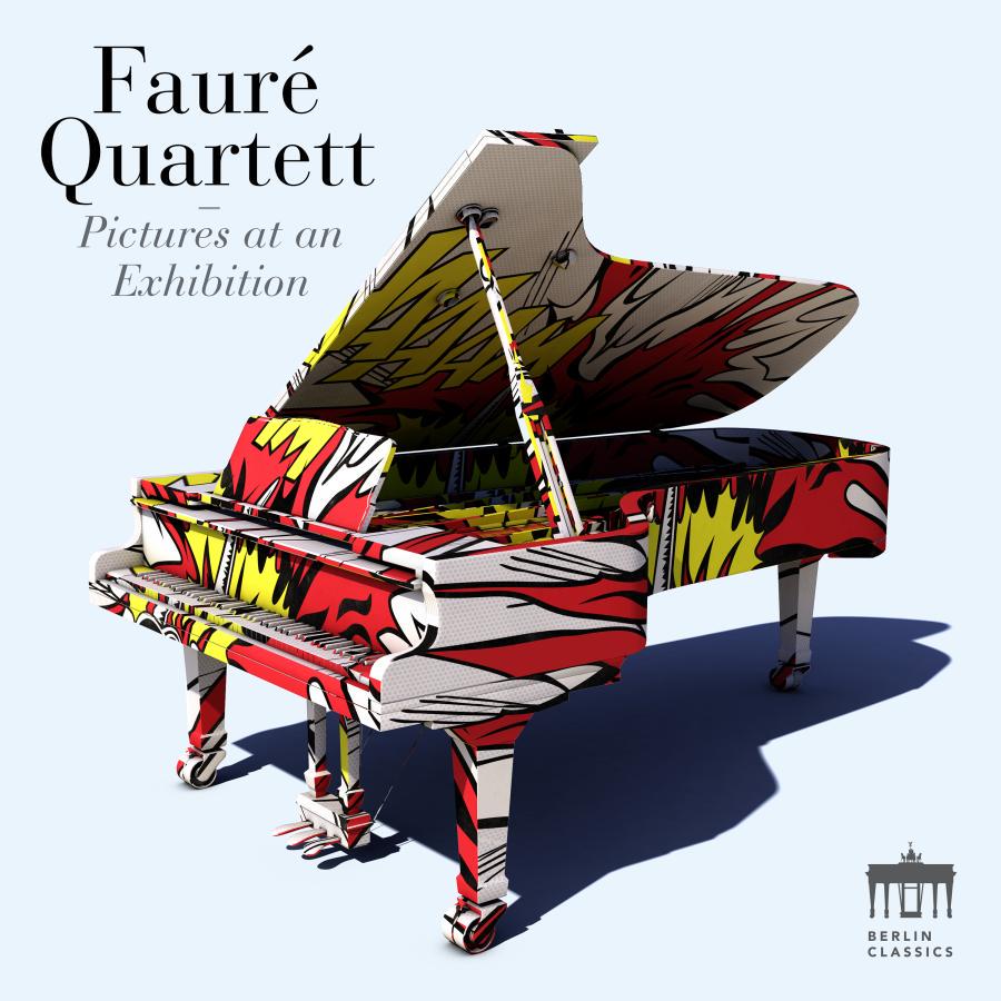 Release-Cover „Pictures at an Exhibition“ des Fauré Quartetts. Helle Grafik mit einem Flügel, der vollständig mit roten, gelben, schwarzen und weißen Comic-artigen Mustern bedeckt ist; klare Frontalansicht mit leichter Vogelperspektive und moderner Pop-Art-Wirkung.