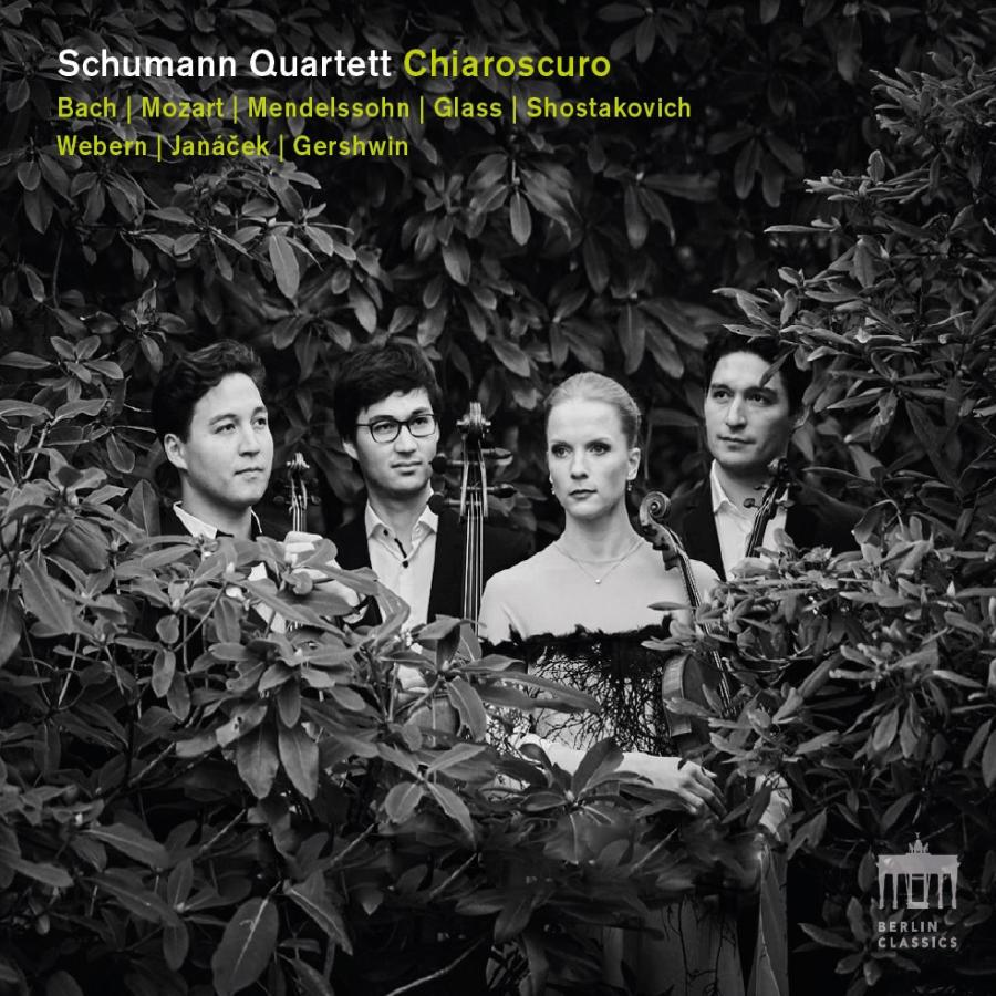 Release-Cover „Chiaroscuro“ des Schumann Quartetts mit Werken von Bach, Mozart, Mendelssohn, Glass, Shostakovich, Webern, Janáček und Gershwin. Schwarz-Weiß-Gruppenfoto von vier Musiker:innen zwischen dichtem Blattwerk; gedämpfte Kontraste, frontale Perspektive und geheimnisvolle Naturkulisse.