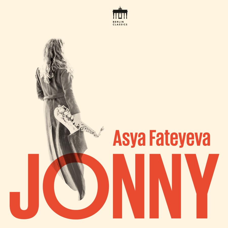 Release-Cover „Jonny“ von Saxophonistin Asya Fateyeva. Helle Grafik mit Frau mit Saxophon von hinten in schwarz-weiß und großer roter Typografie; viel Weißraum, reduzierte Farben und plakative Frontalgestaltung.