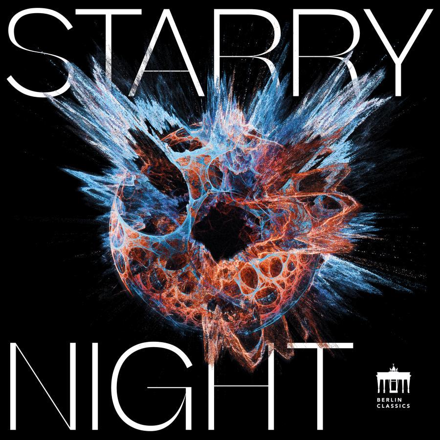Release-Cover „Starry Night“ von Perkussionist Alexej Gerassimez und dem Signum Saxophone Quartet. Abstrakte Grafik mit leuchtender, explosionsartiger Kugelform in Blau, Rot und Orange auf schwarzem Hintergrund; starke Kontraste, große weiße Typografie und futuristische, energiegeladene Wirkung.