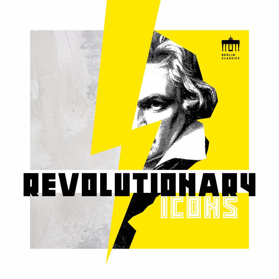 Release-Cover „Revolutionary Icons“ von Eckart Runge und Jacques Ammon. Grafische Collage mit angeschnittenem Beethoven-Porträt, gelbem Blitz und schwarzer Blocktypografie auf weiß-gelbem Hintergrund; starke Kontraste, plakative Frontalansicht und energiegeladene Gestaltung.