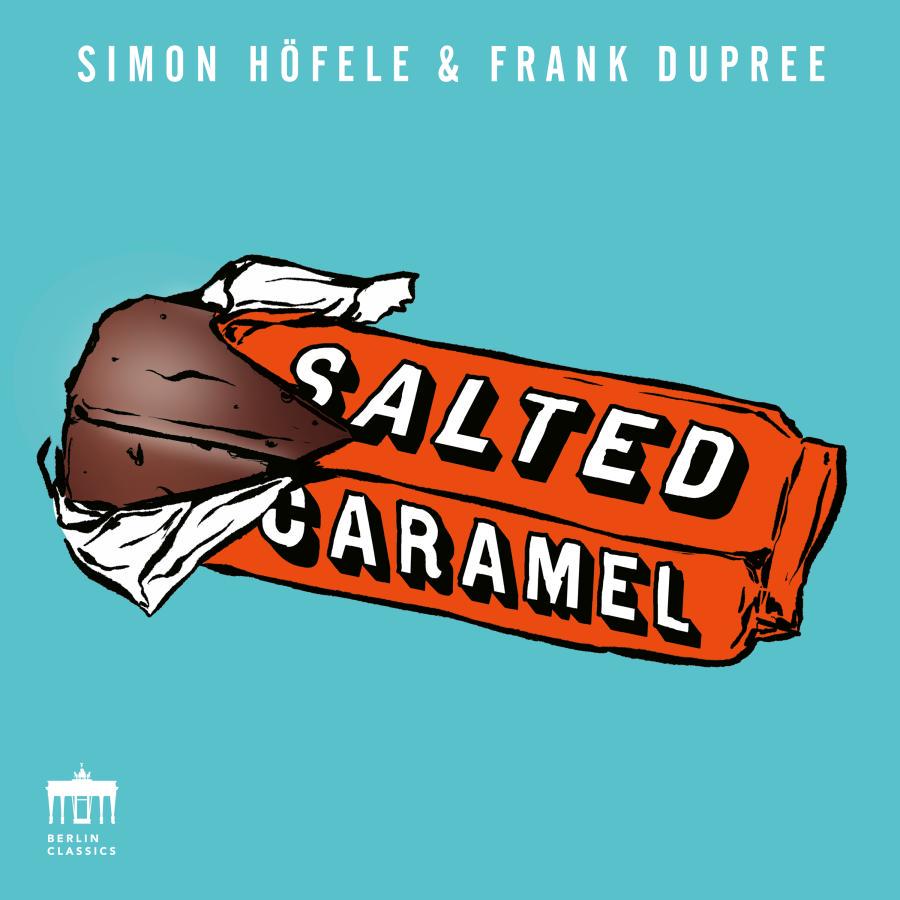 Release-Cover „Salted Caramel“ von Trompeter Simon Höfele und Frank Dupree. Illustration mit gezeichneter orangefarbener Schokoriegel-Verpackung auf türkisblauem Hintergrund; helle, plakative Frontalansicht und spielerische Pop-Art-Wirkung.
