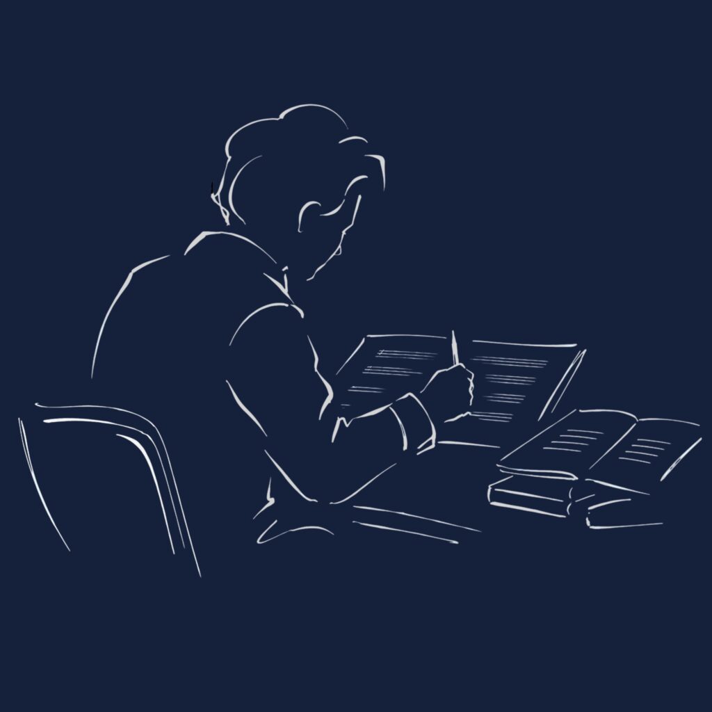 Minimalistische Skizze eines Komponisten, der Noten auf ein Blatt schreibt. Die Zeichnung steht für Komposition, Kreativität und das Entstehen klassischer Musik.
