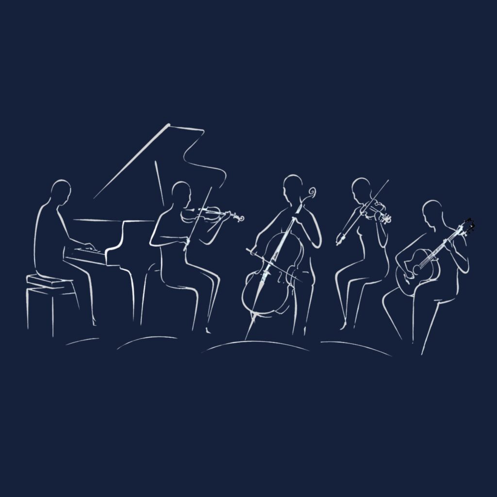 Skizzenhaft dargestelltes Kammermusik-Ensemble mit Klavier, Violine, Violoncello, Querflöte und klassischer Gitarre. Die minimalistische Illustration steht für gemeinsames Musizieren und klassische Musik.