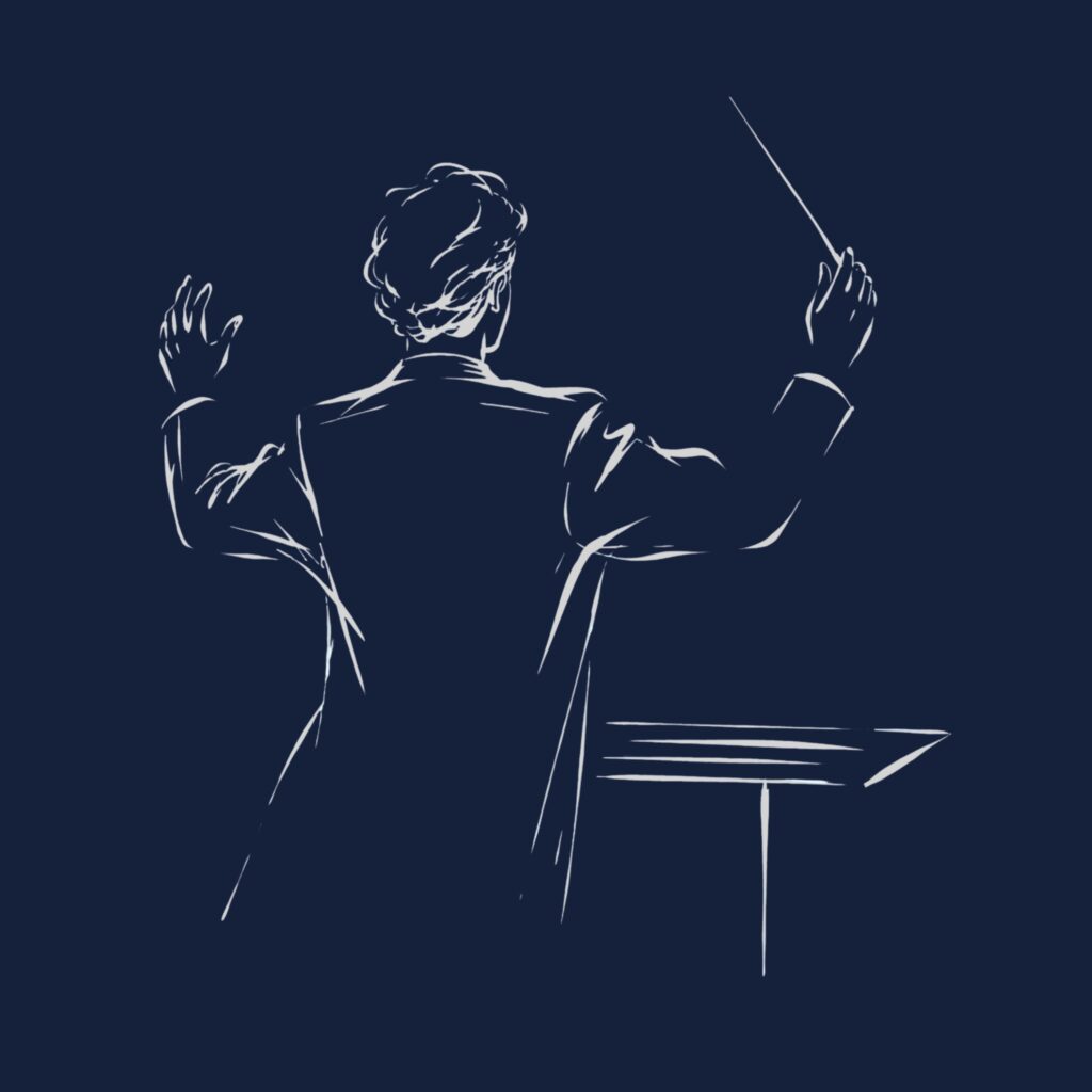 Skizzenhafte Illustration eines Dirigenten am Pult mit erhobenem Taktstock. Die reduzierte Linienzeichnung symbolisiert musikalische Leitung und klassische Orchesterarbeit.