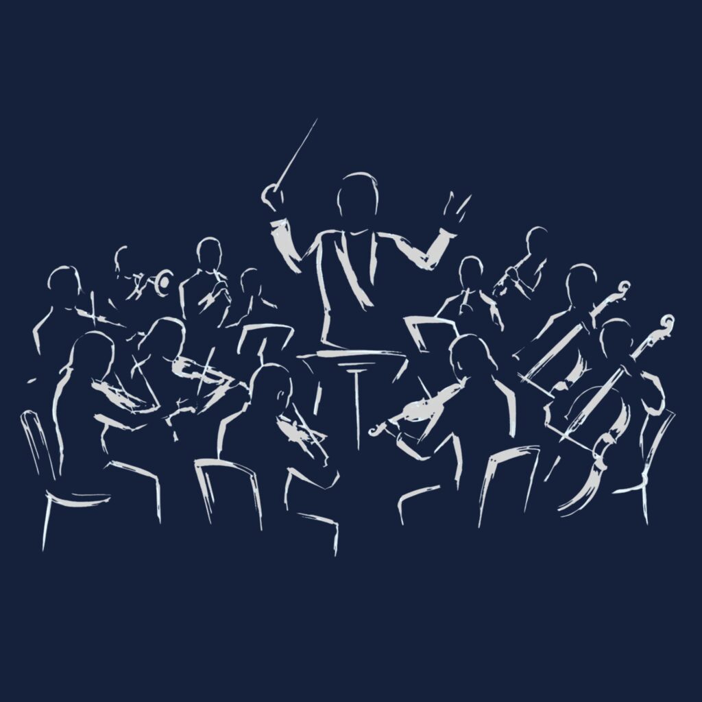 Reduzierte Linienzeichnung verschiedener Instrumente, wie Streich-, Blas- und Zupfinstrumenten. Die Skizze symbolisiert Musiker aller Art.