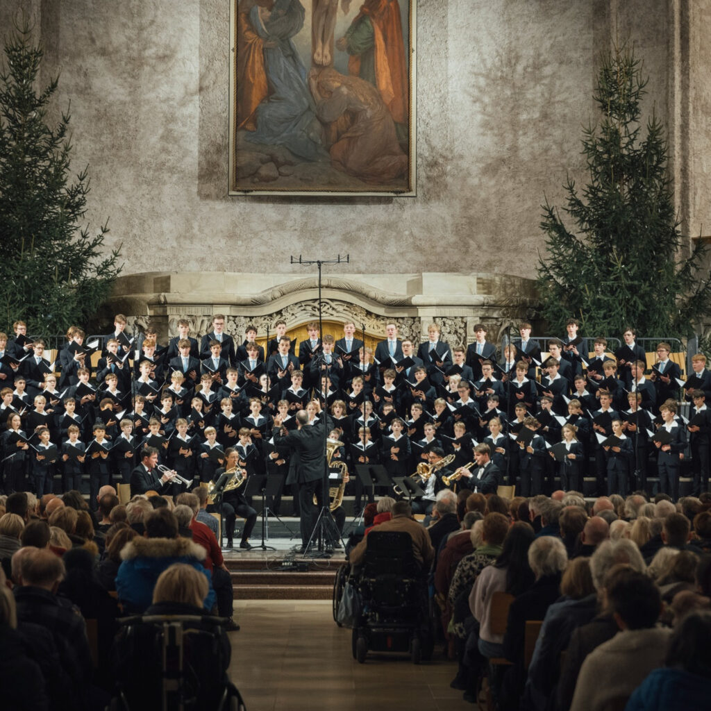der Dresdner Kreuzchor steht für eine Performance in einem Saal, davor sitzendes Publikum und im Hintergrund zwei große Tannenbäume